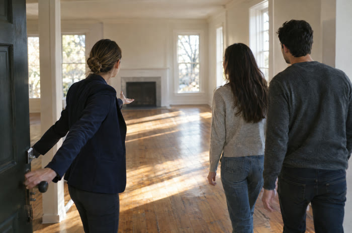 An agent showing a couple into an empty, sunlit house.