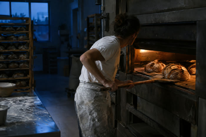 A baker pulling loaves from the oven before dawn.