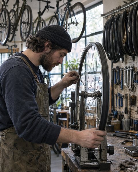 A bike mechanic truing a wheel on a stand in a small repair shop.