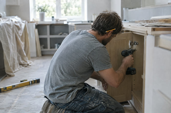 A carpenter kneeling to fit a new kitchen cabinet door.