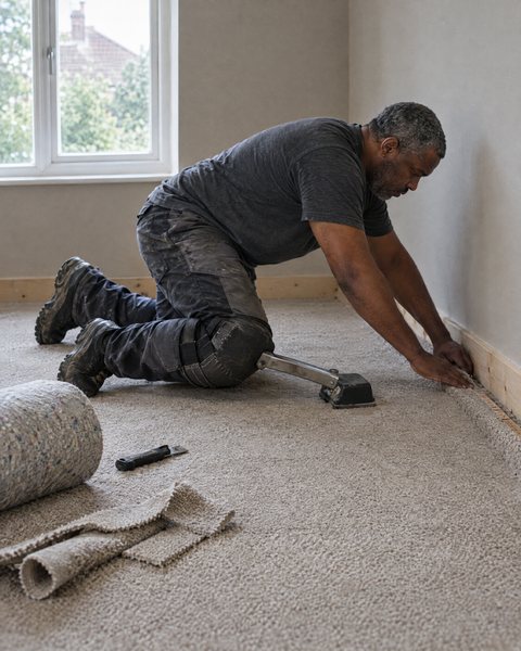 A carpet fitter pressing the edge of a new carpet onto the gripper by the wall.