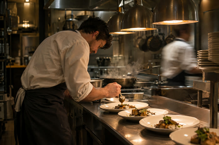 A cook plating dishes at the pass during dinner service.