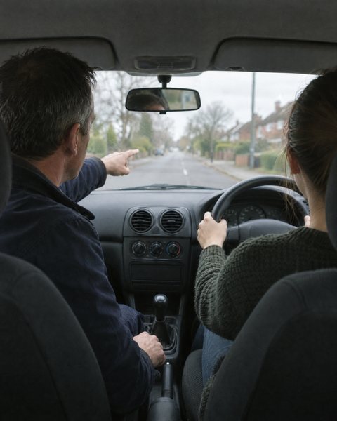 A driving instructor pointing down the road from the passenger seat during a lesson.