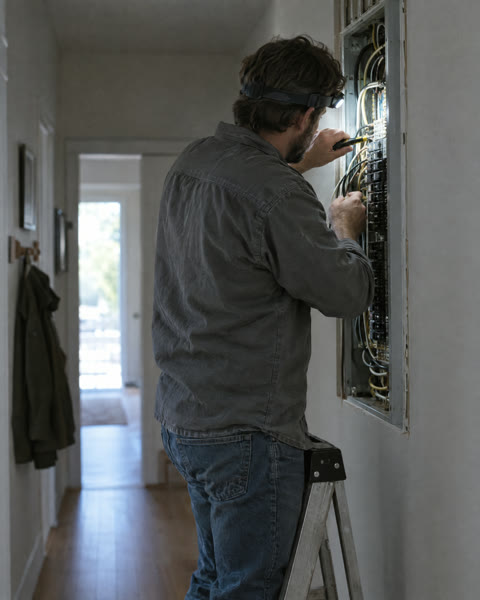 An electrician on a step ladder working inside a fuse board.