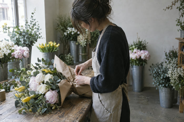 A florist wrapping a bouquet in brown paper.