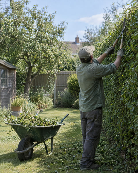 A gardener trimming a tall hedge with shears.