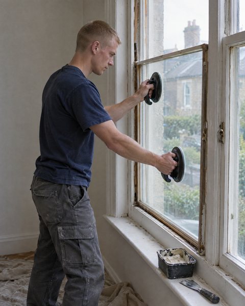 A glazier easing a new pane of glass into a sash window with suction lifters.