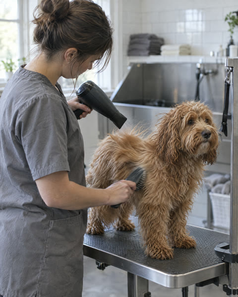 A groomer blow-drying a fluffy dog on a grooming table.