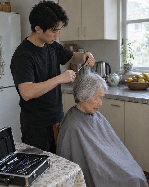 A mobile hairdresser cutting an elderly woman&rsquo;s hair in her kitchen.