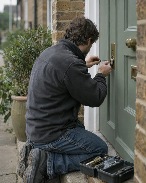 A locksmith fitting a new lock to a front door.