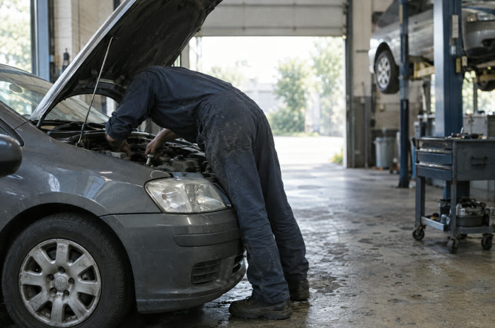 A mechanic leaning into an open engine bay.