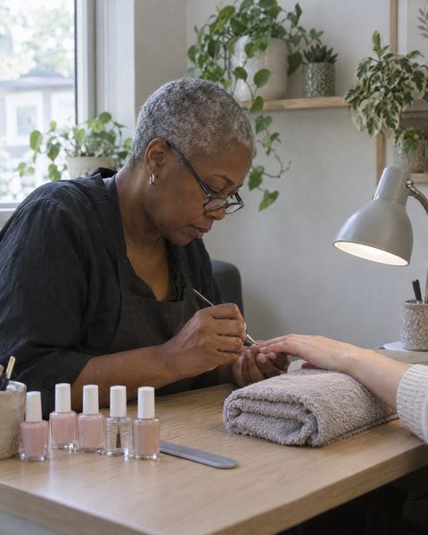A nail technician painting a client&rsquo;s nails at a small desk.