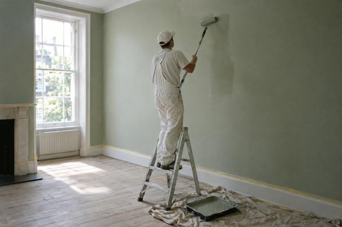 A painter rolling pale green paint onto a living room wall.