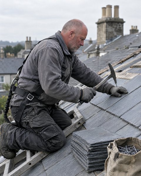 A roofer kneeling on a roof ladder, nailing a new slate in place.