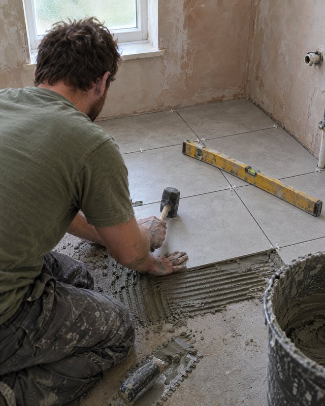 A tiler on their knees in a half-finished bathroom, one hand pressing a tile into fresh adhesive, the other holding a rubber mallet.