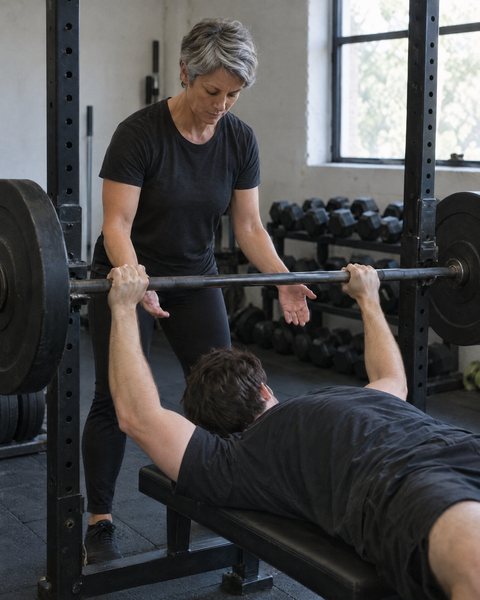 A personal trainer spotting a client on the bench press.