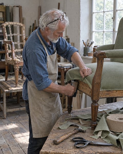 An upholsterer stretching new fabric over the seat of an armchair.